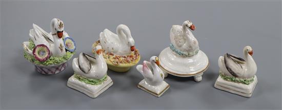 Six Staffordshire porcelain figures of swans, c.1835-50, H. 4cm - 6.4cm